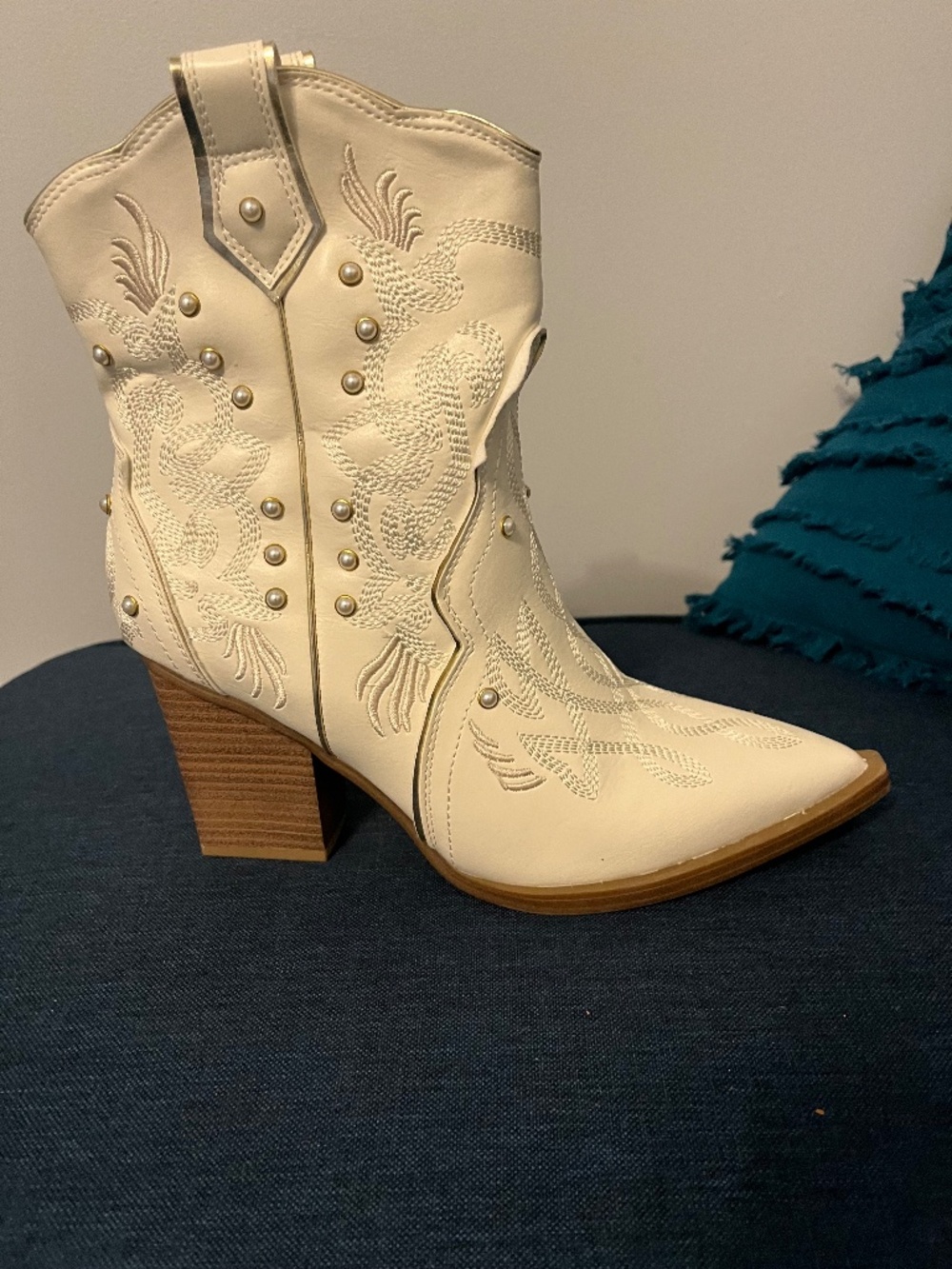 MIA Western Mid-Calf Boots Sz 8.5 Ivory Embroidered Pearl Stud Boots